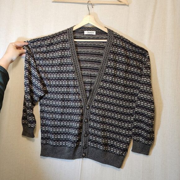 Vtg Jantzen Mens Cardigan Sweater Made in USA Grey Geometric Boxy Grandpa XL - Picture 1 of 7
